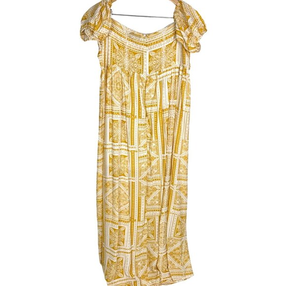 PrettyLittleThing Off Shoulder Yellow Paisley Tile Print Bardot Maxi Dress US XL - Picture 3 of 12